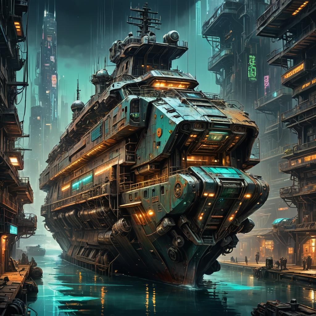Cyberpunk Seafaring Ship of the Future