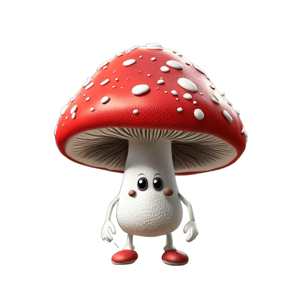 Hyperrealistic 3D Mushroom Character with Red Cap