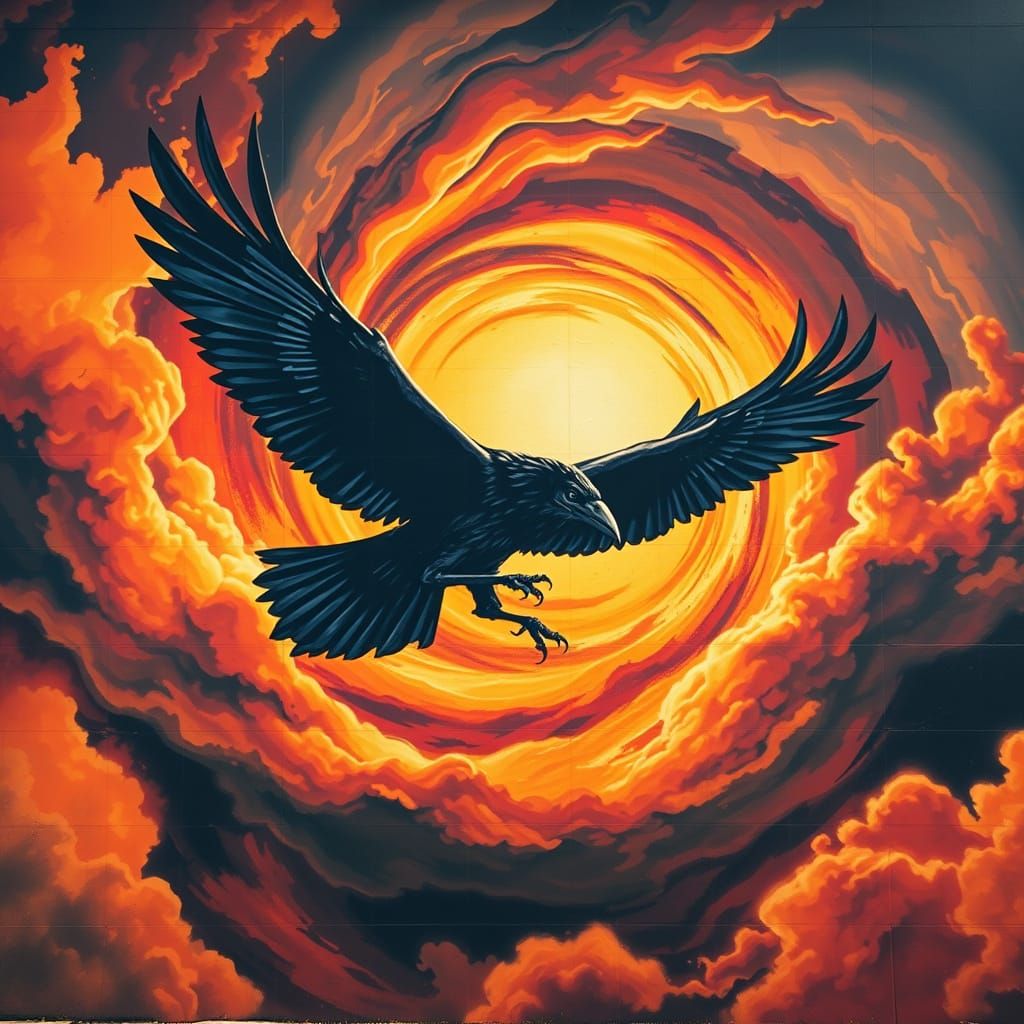 Surreal Mural of Raven in Flight Amidst Swirling Heat Wave