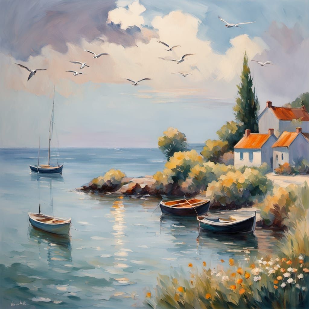 Impressionist Seaside Village in Warm Light