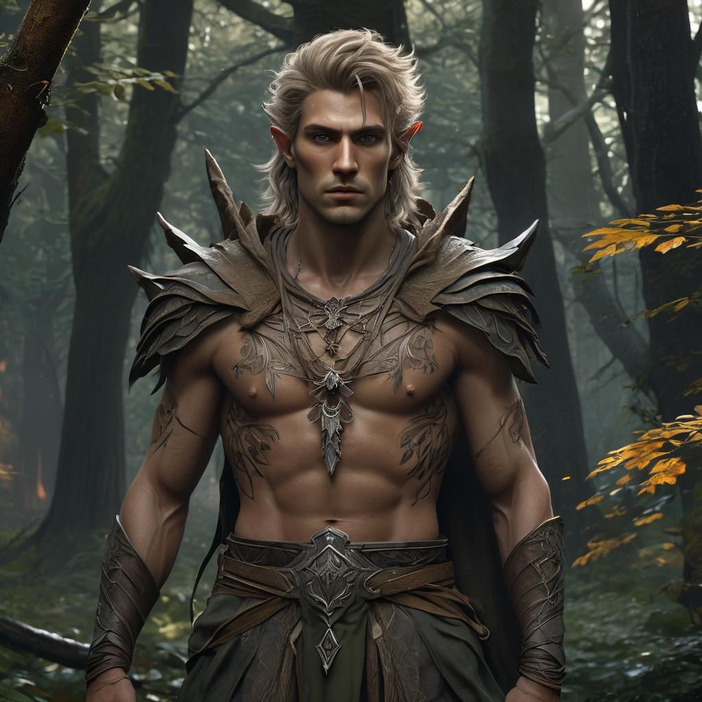 Wood Elf in Eerie Forest, Art Nouveau Style