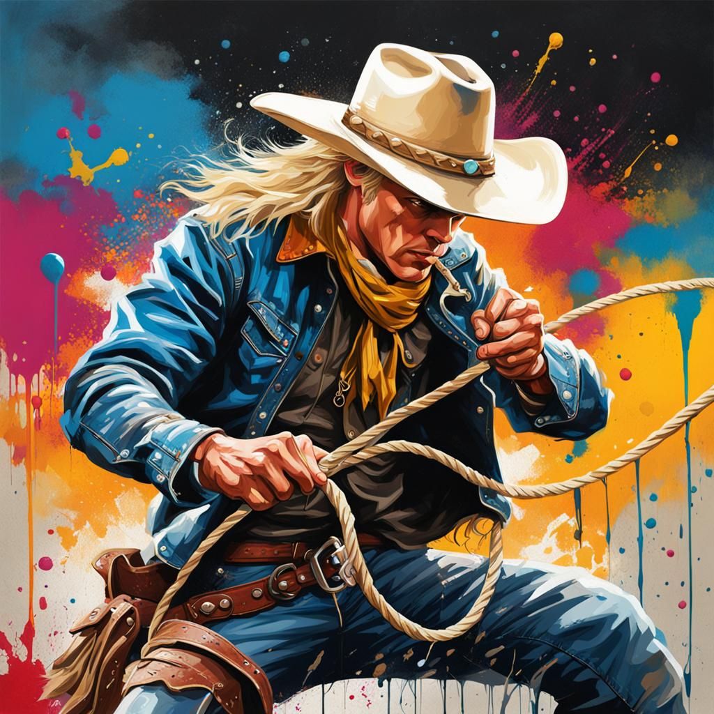 Young Cowboy Swinging Lasso in Graffiti Art Style