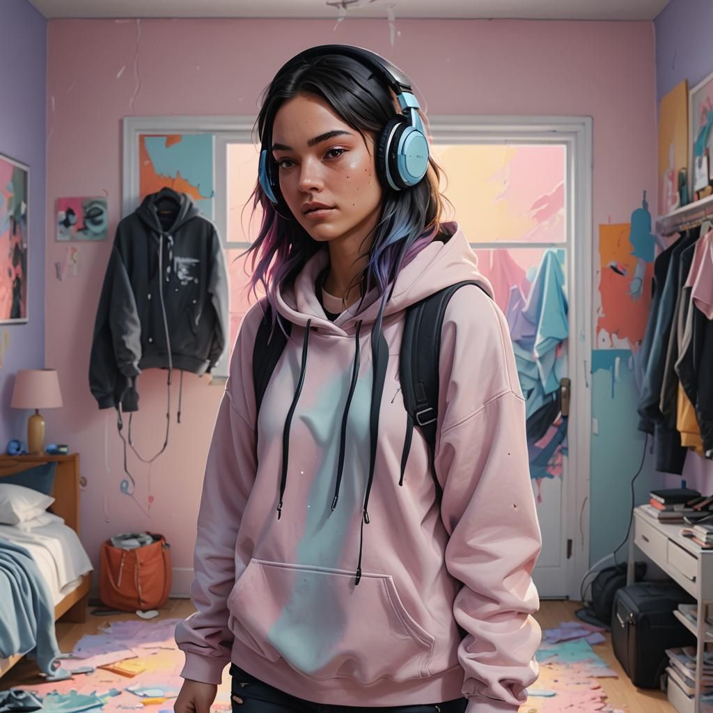 Girl Enters Pastel Bedroom in Hyperrealistic Style