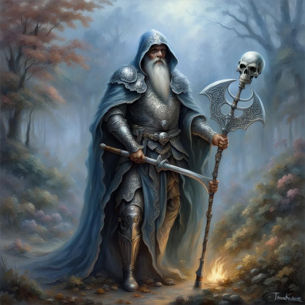 Gaunt Old Man in Silver Armor with Scythe