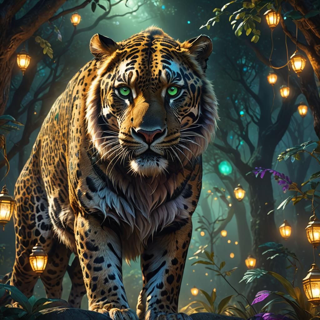 Emerald Leopard-Tiger-Lion Hybrid in Fantasy Concept Art