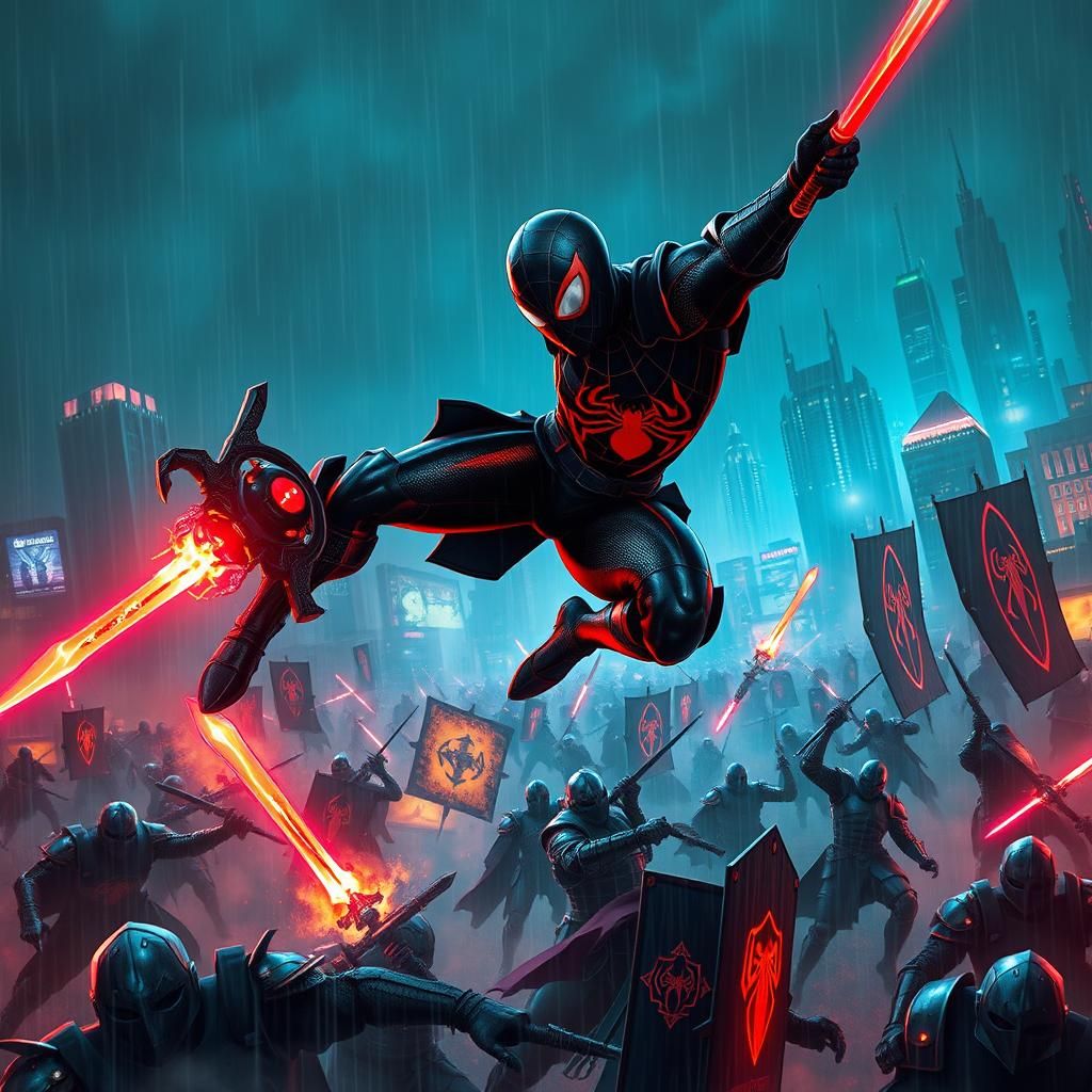 Cyberpunk Knight Leaping Through Dystopian Battlefield