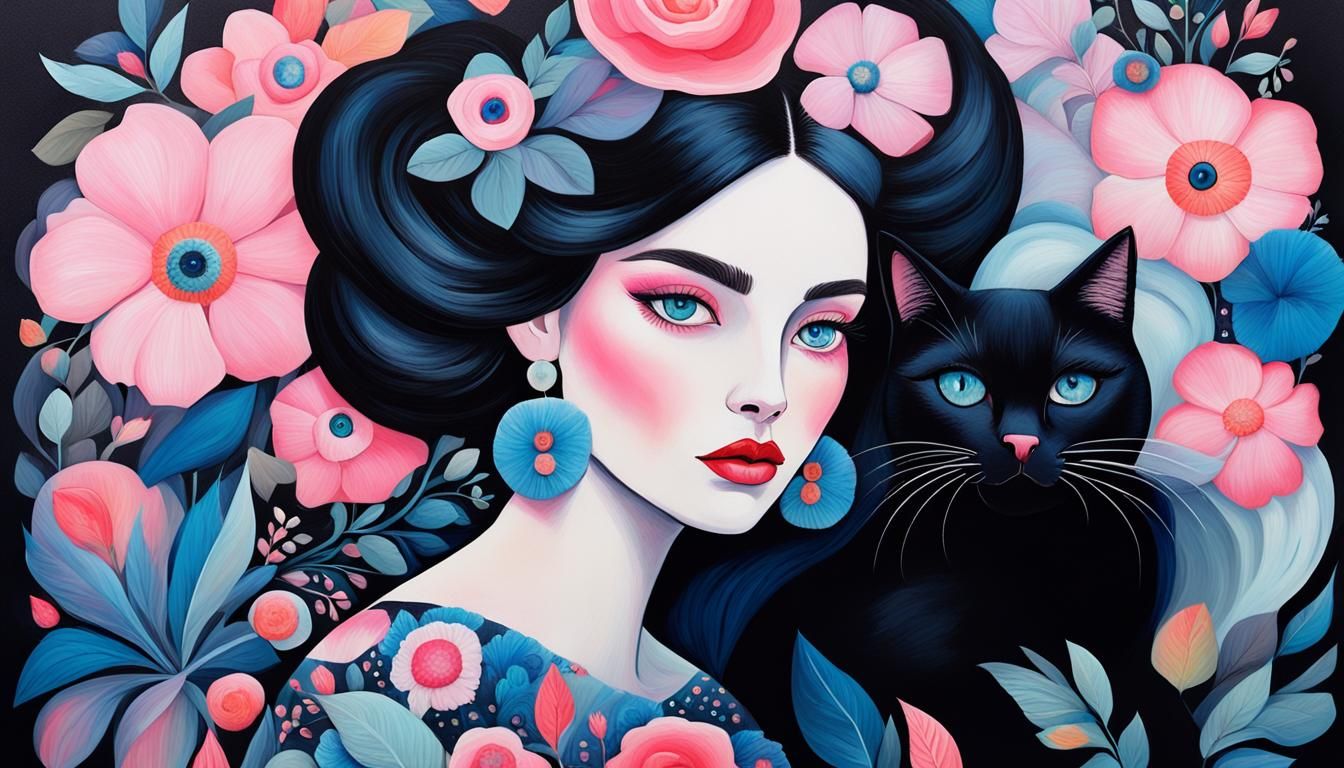 Whimsical Folk Art: Woman with Cat in Impasto Style