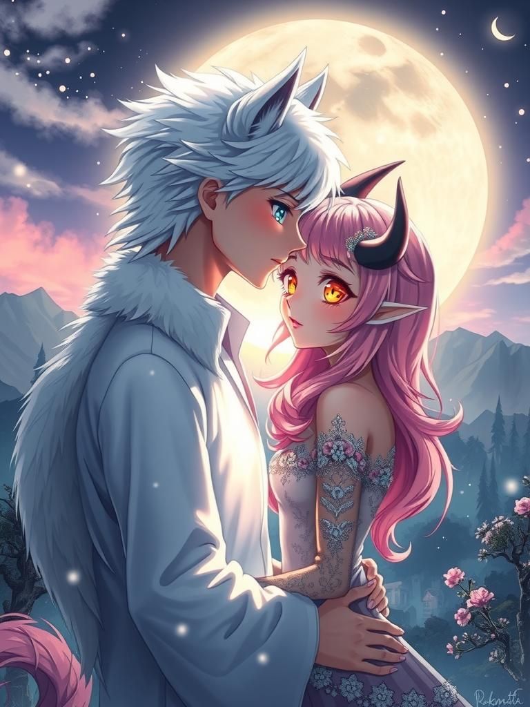 Anime Couple Kissing Under the Moon