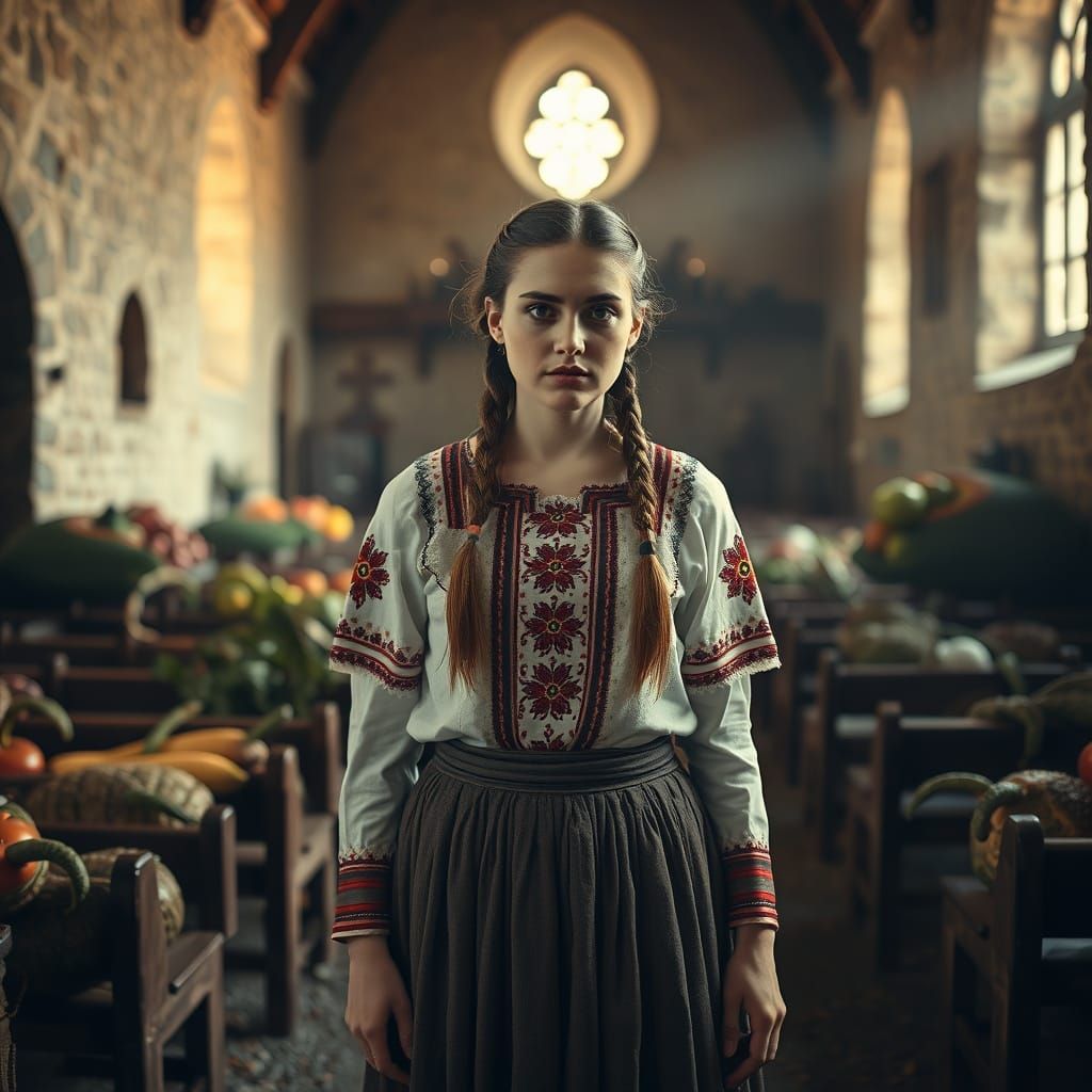 Rustic Transylvanian Woman Amidst Mutated Harvest in a Forti...