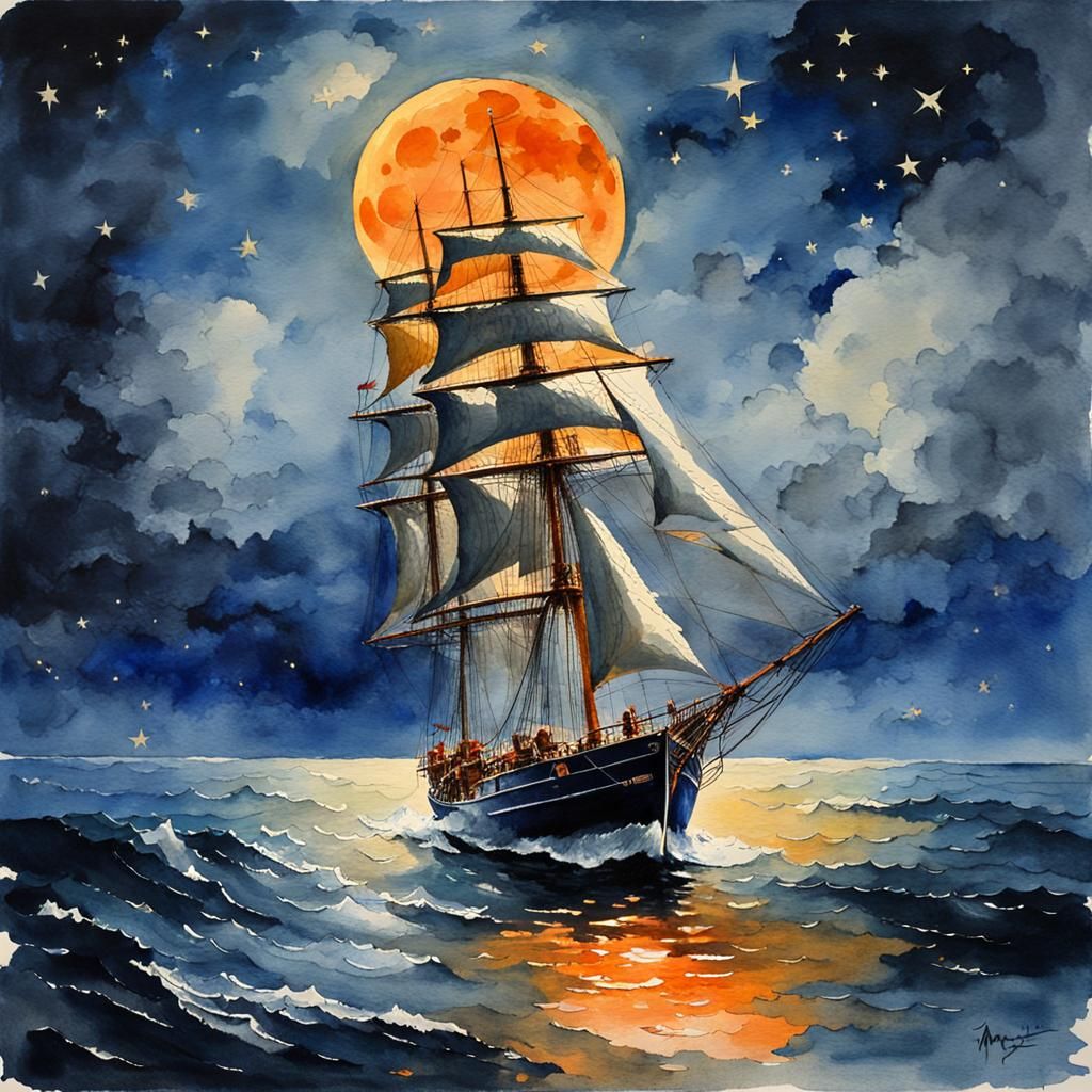 Blue Sailboat Under Orange Moon: Watercolor Painting