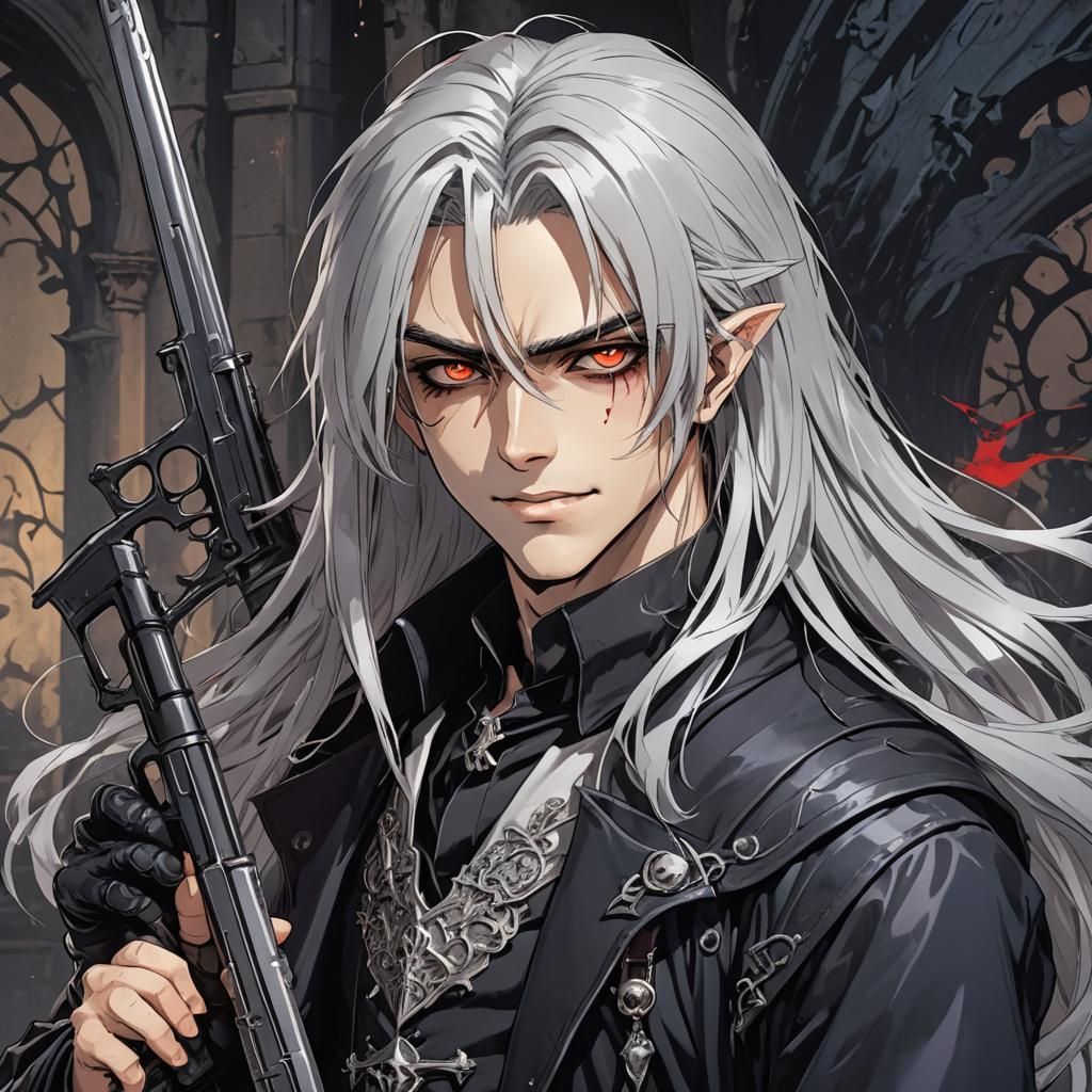 Gothic Manga Vampire with Silver Hair and Scars