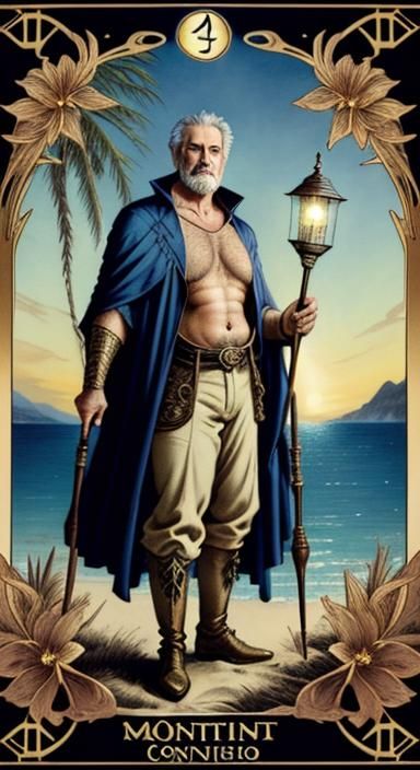 Tarot Card: Bare-Chested Wizard on Tropical Beach