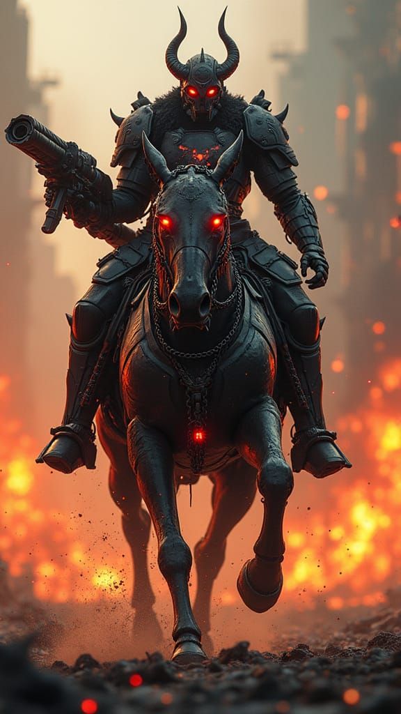 Armored Warlord on Mechanical Horse in Apocalyptic Wasteland