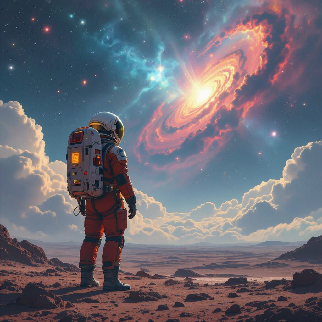 Astronaut on Distant Planet Gazing at Nebula