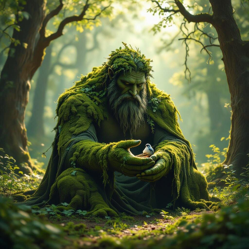 A gentle giant made of moss and ancient trees in a serene fo...