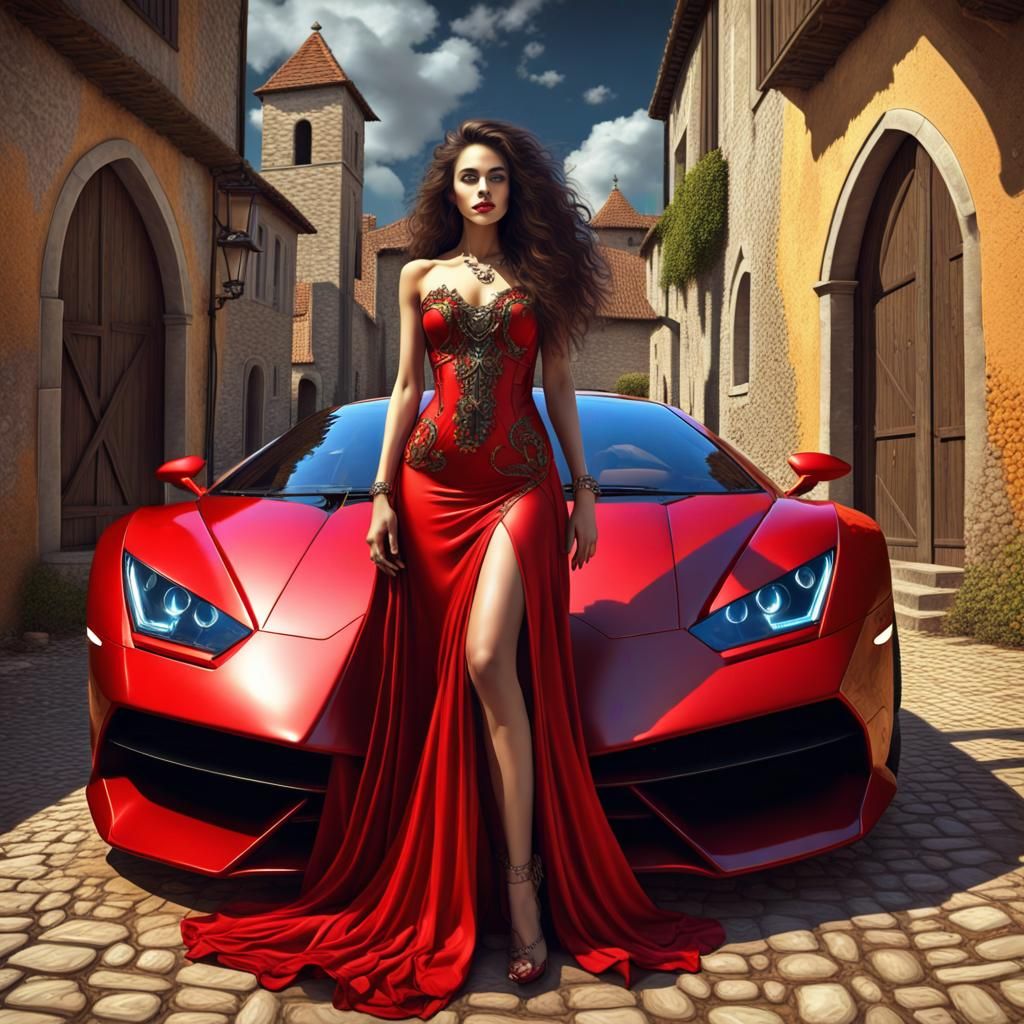 beautiful young woman and her Lamborghini car