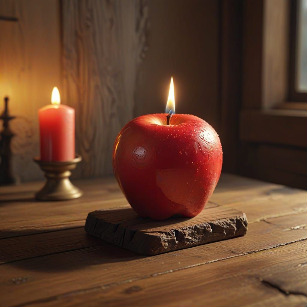 Surreal Candlelit Scene with Hyper-Realistic Apple