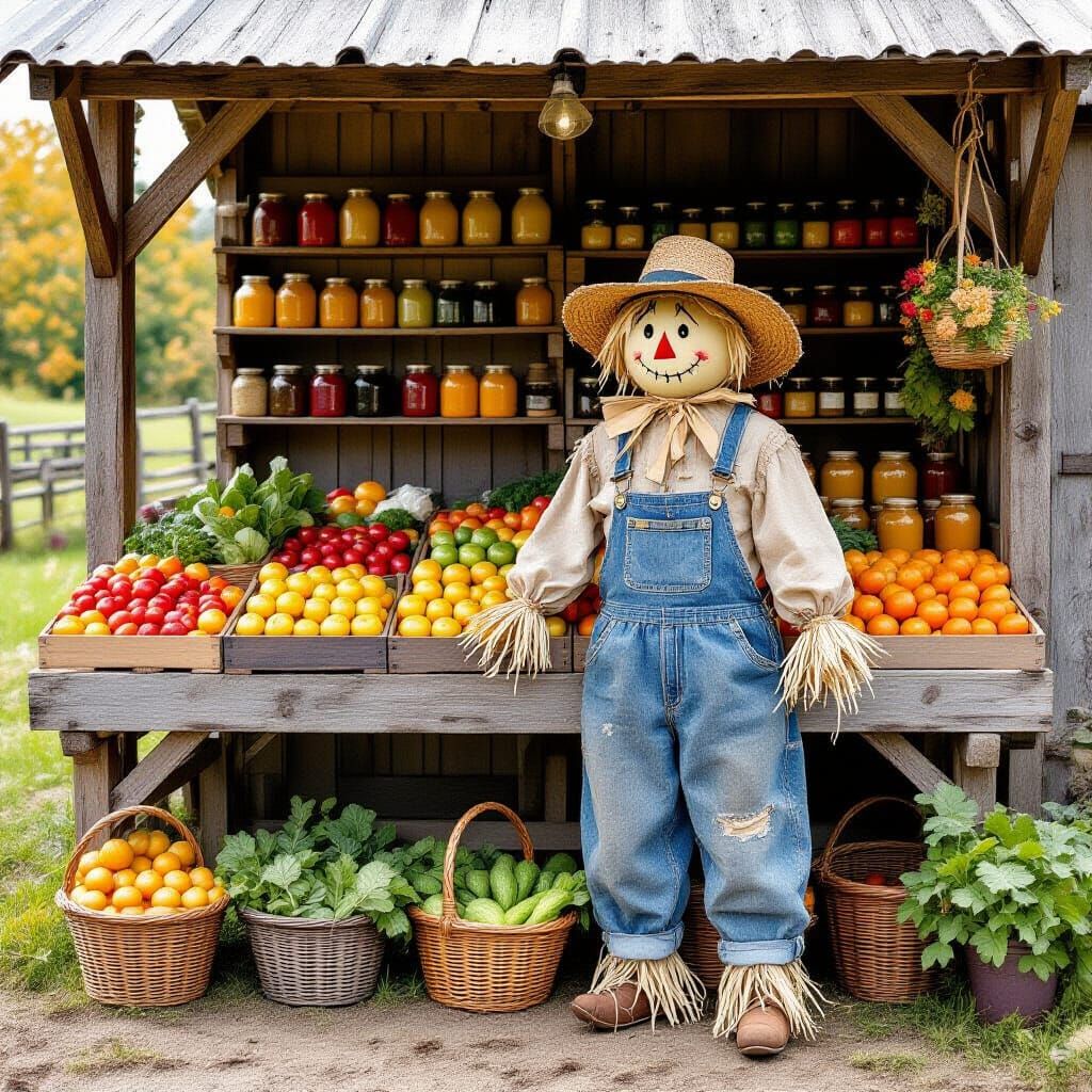 Rustic Scarecrow at Farmer's Market in Whimsical Style