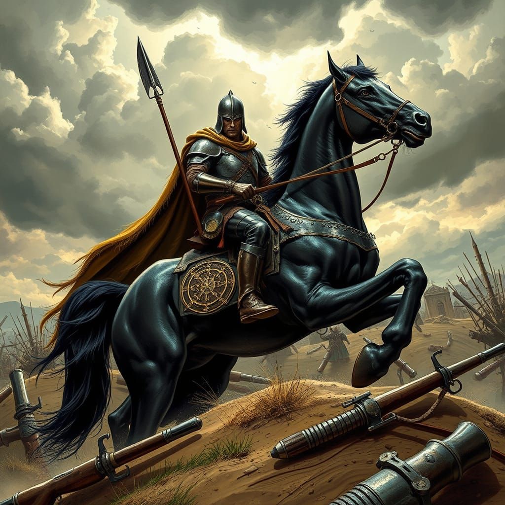 Epic Warrior Rides Heroic Black Percheron in Battle