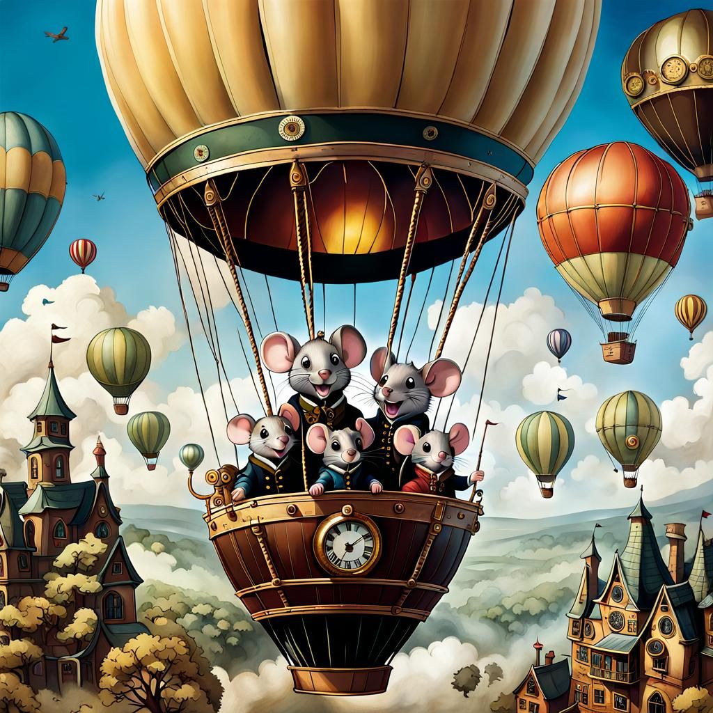 Mouse Family Adventure in Steampunk Balloon