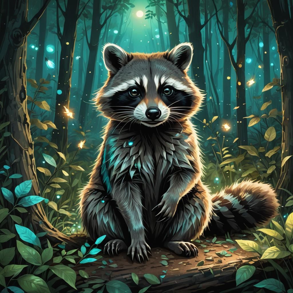 Turquoise-Eyed Raccoon in Enchanted Forest