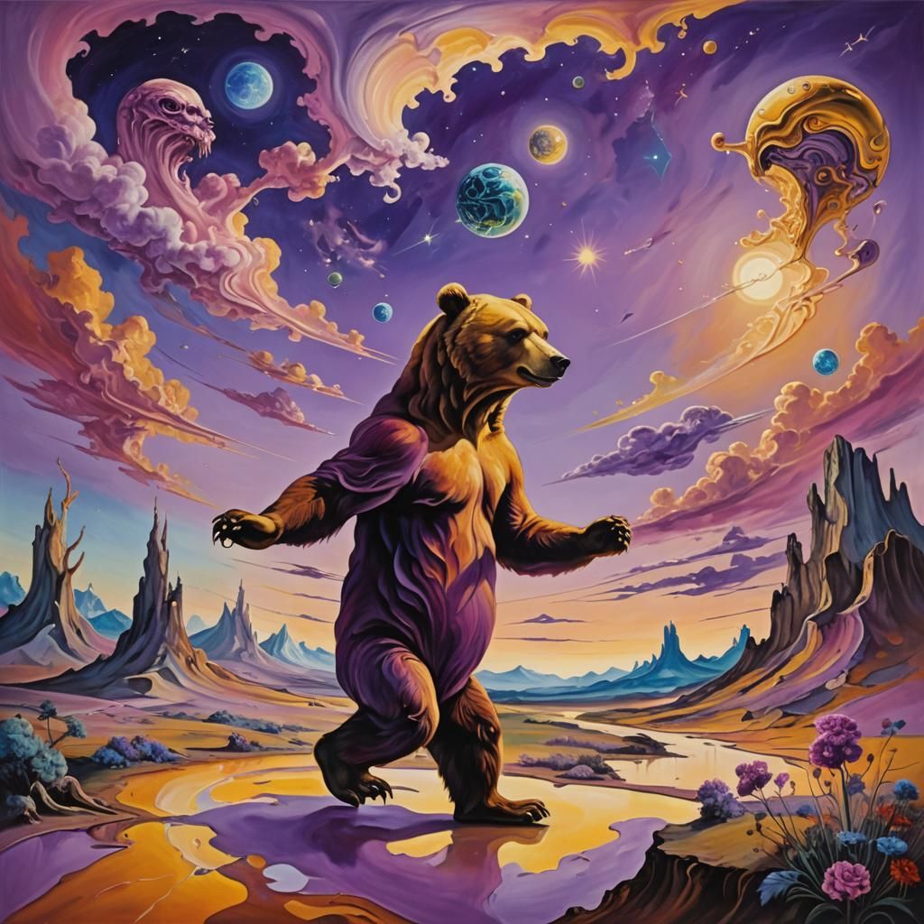 Bear Dances with Alien in Surreal Oil Painting
