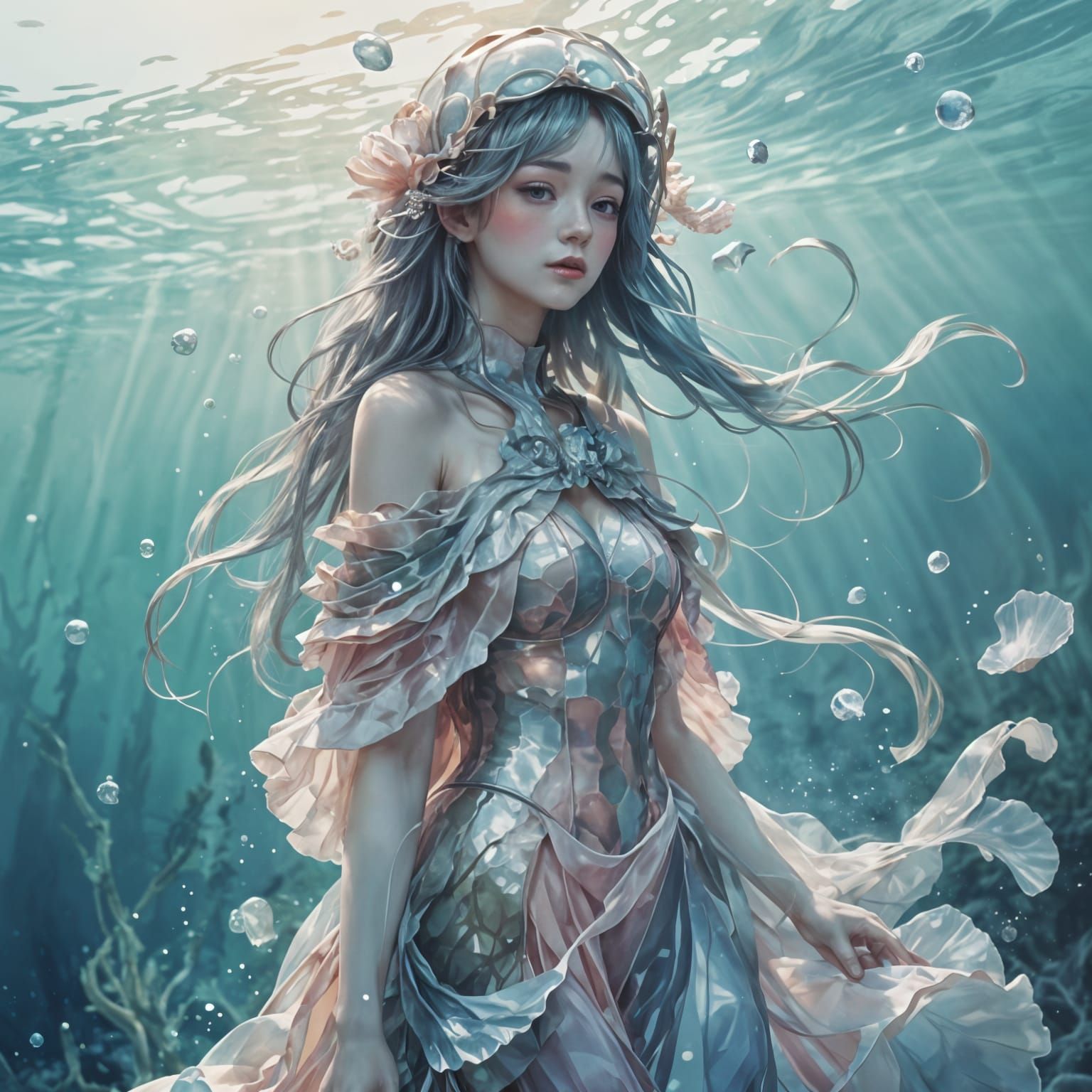 Underwater Oyster Woman in Anime Style