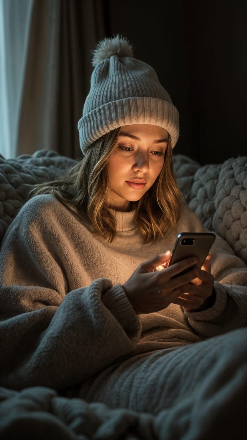Woman Relaxing on Sofa with Cellphone in Natural Lighting