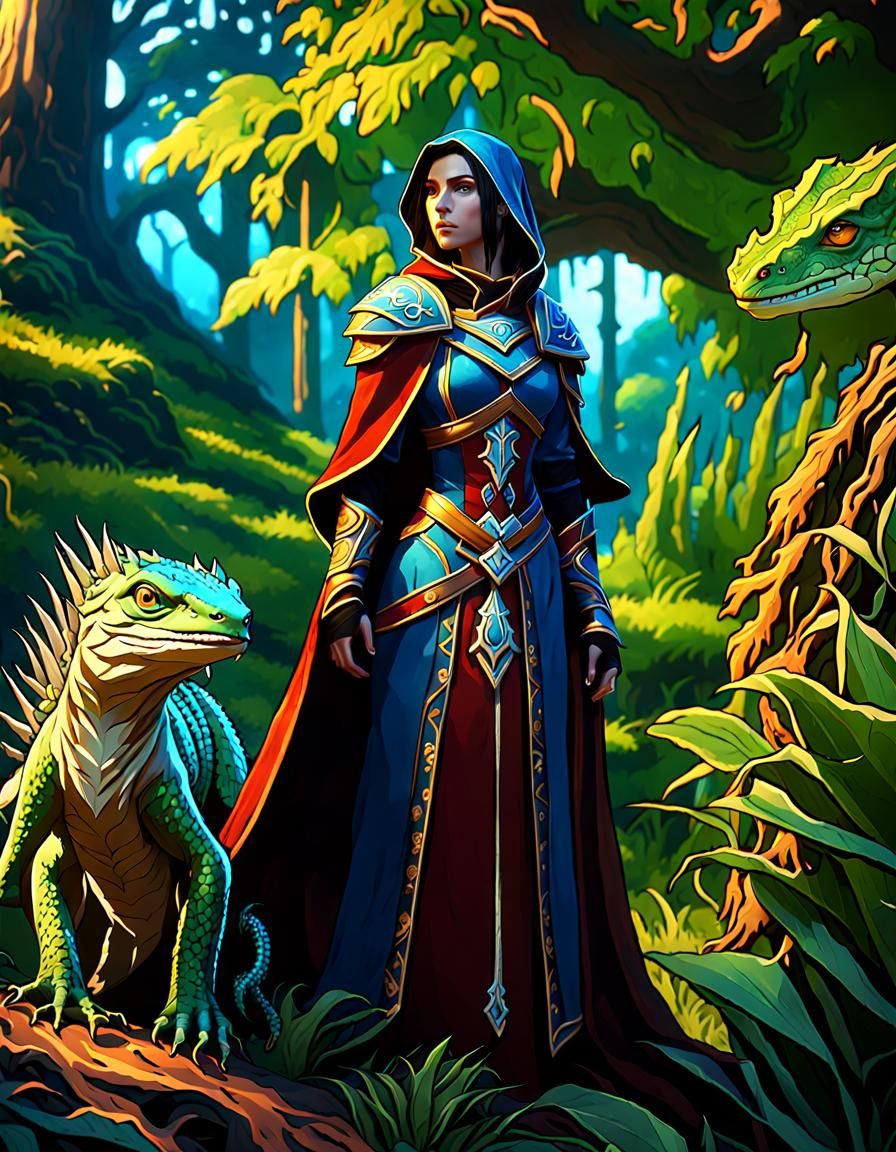 Fantasy Avatar with Lizard Sidekick in WoW Style