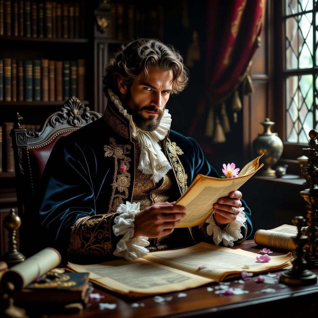 Elegant Man in Baroque Study with Arcane Artifacts