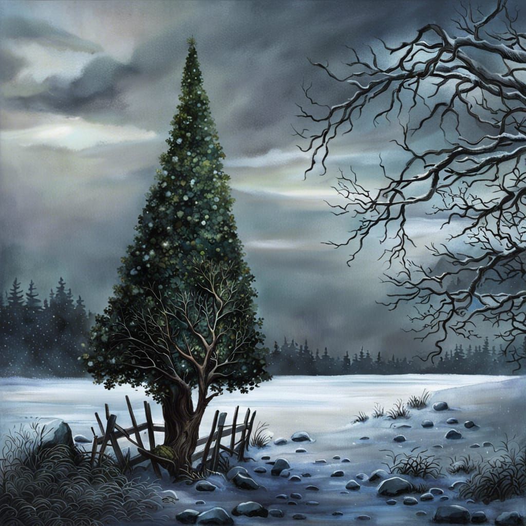 Winter Witch in Snowy Landscape, Digital Painting