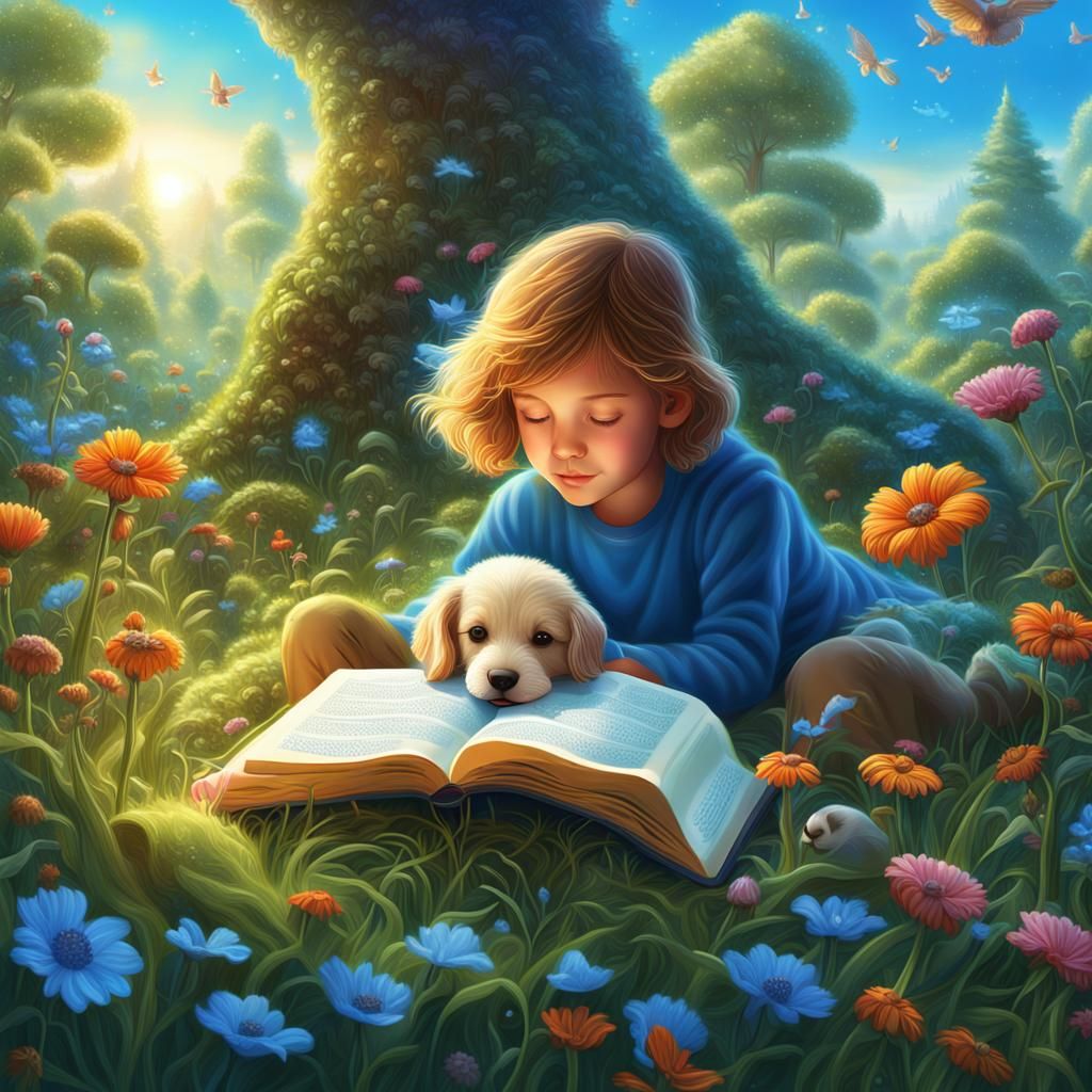 Enchanted Reading: Child and Puppy in Fantasy Meadow