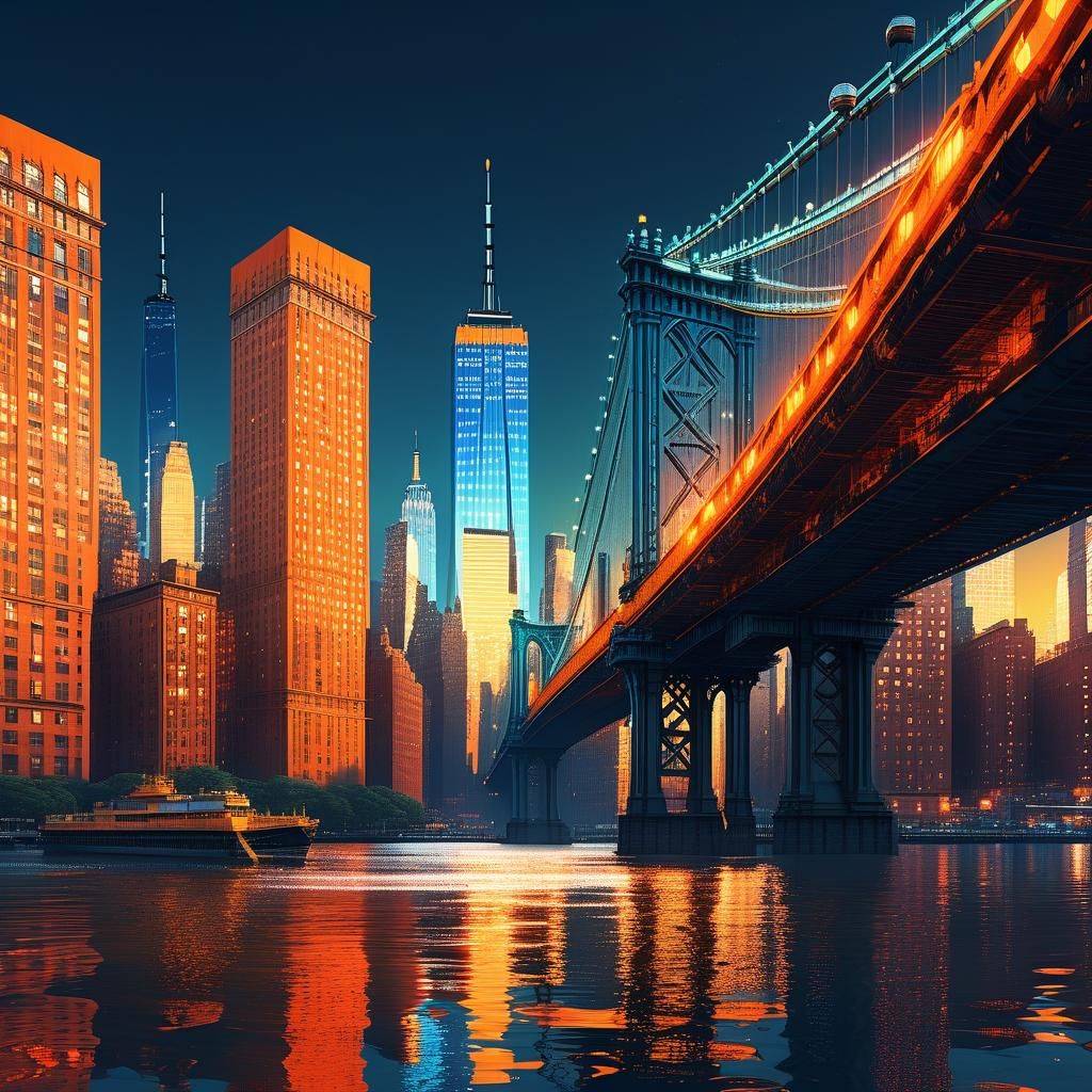 Vibrant New York Cityscape at Night, Lower Manhattan Bridge....