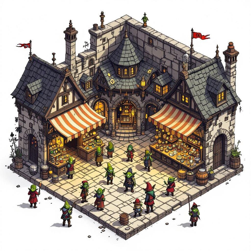 Goblin Market in Steampunk Isometric Style