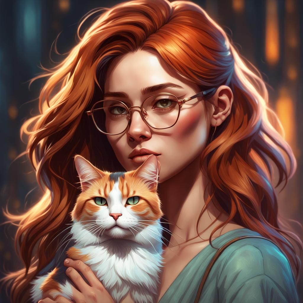 Girl with Calico Cat: Hyperdetailed Portrait
