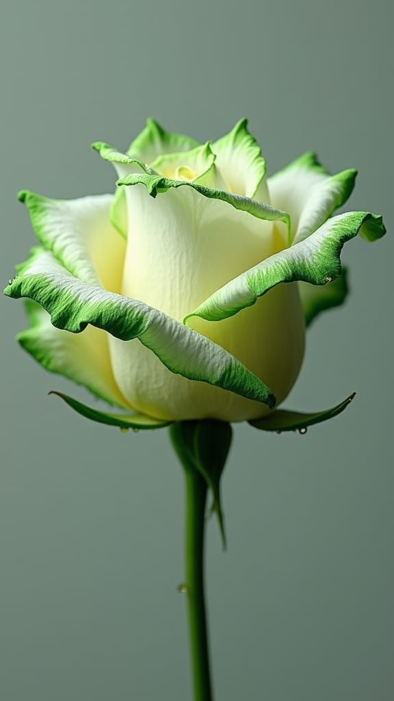 Hyperrealistic green and white pedals rose with green edges ...