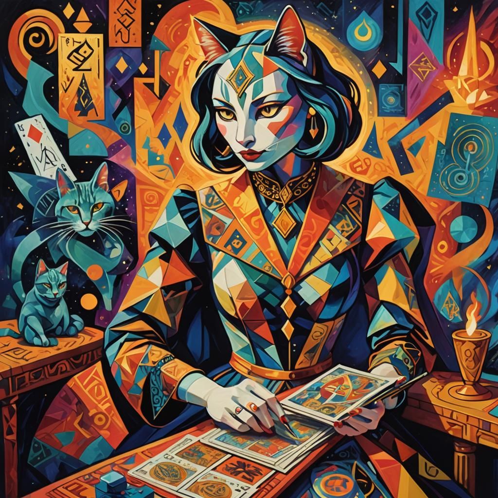 Cubist Cat Girl Dancing with Tarot Cards