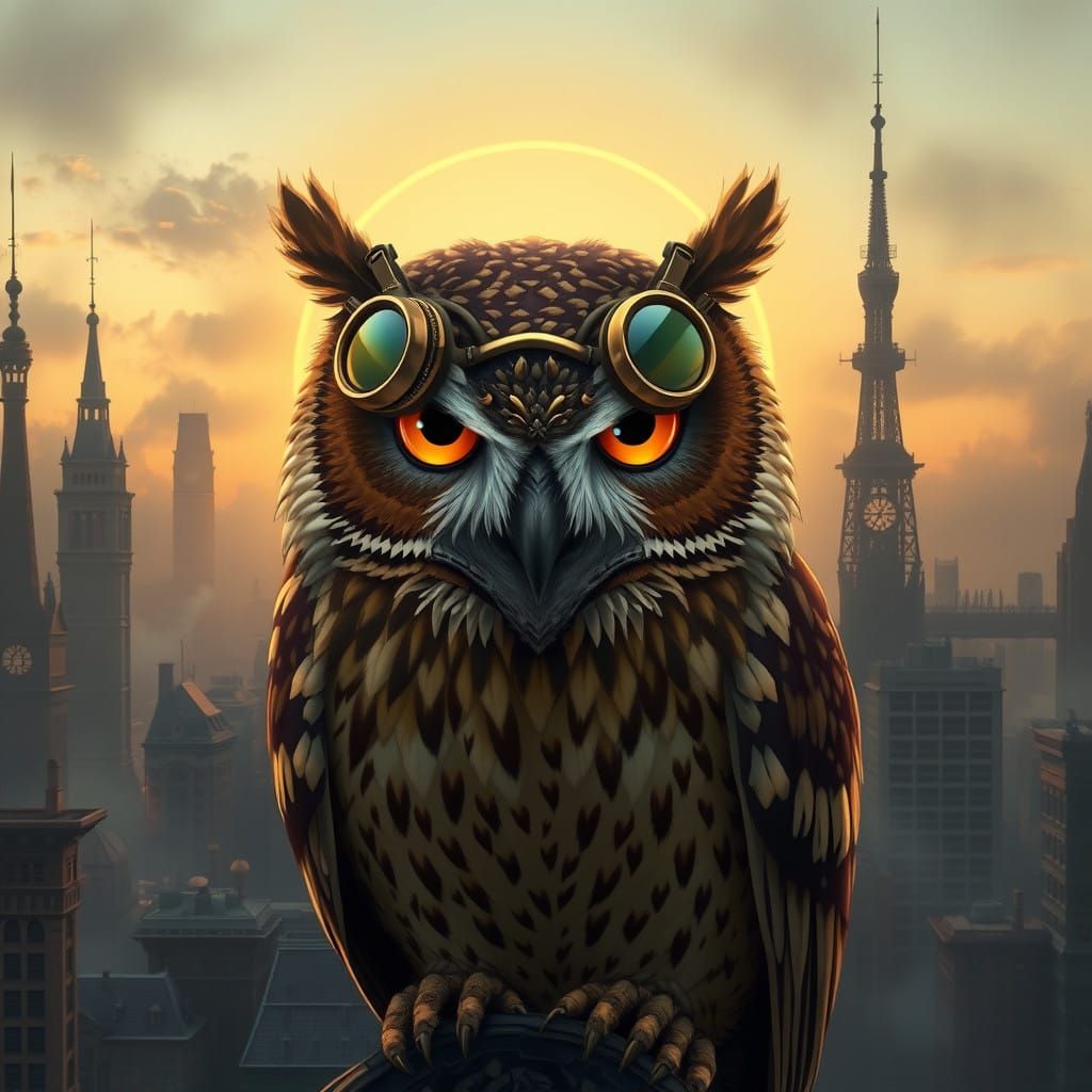 Majestic Steampunk Owl Surrounded by Victorian Cityscape