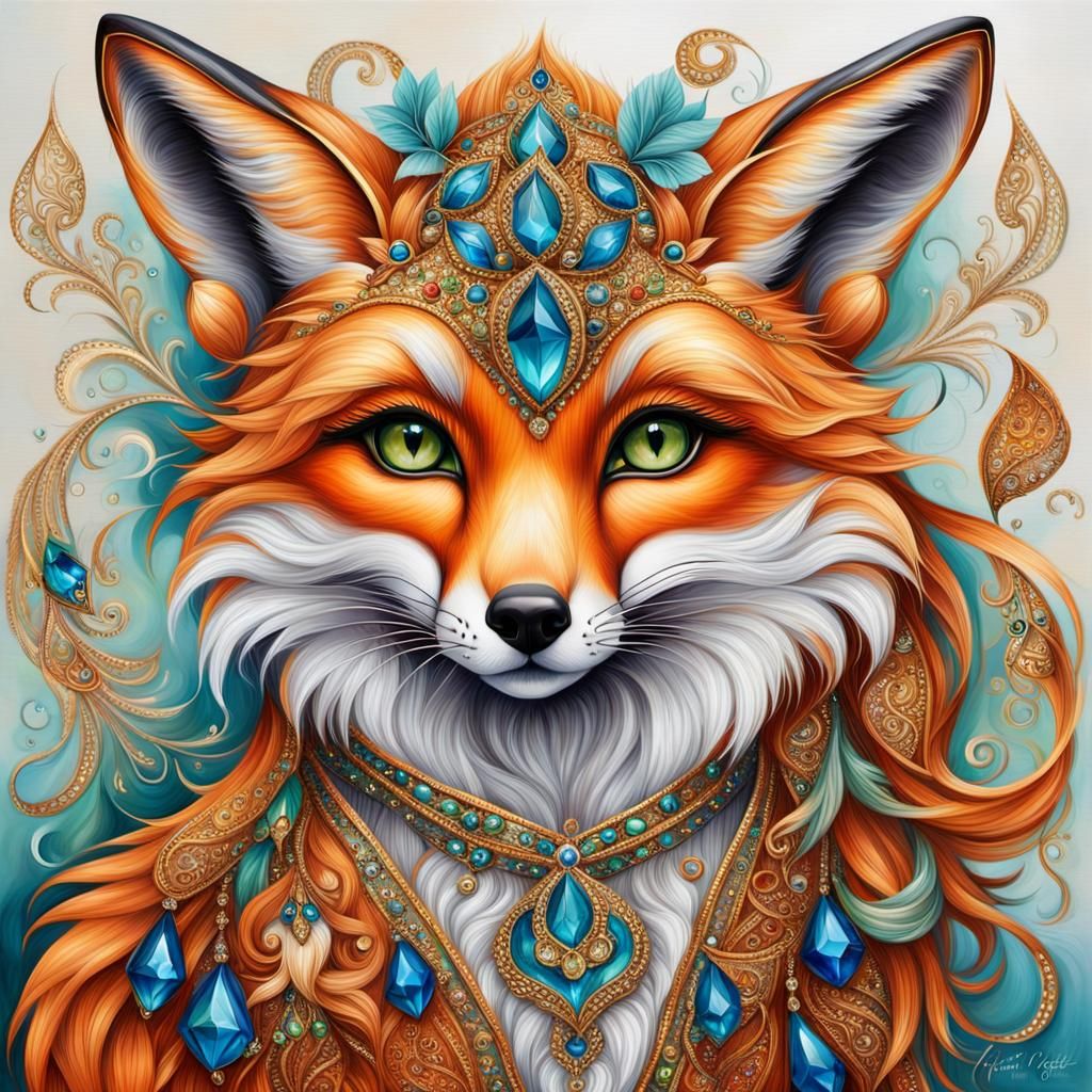 Fox Woman with Jewels: A Vibrant Digital Painting