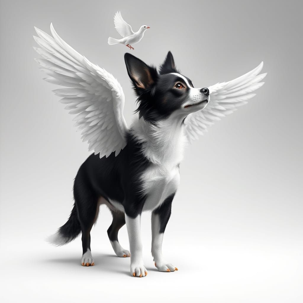 Whimsical Black and White Border Collie Mix with Angel Wings...