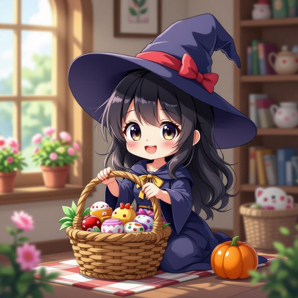 Cute Chibi Witch Prepares Goodies in Anime Style
