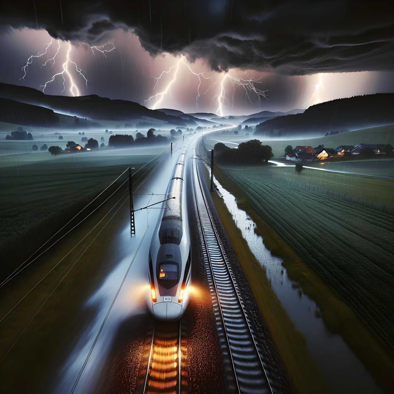 High-Speed Train Storms Through Countryside
