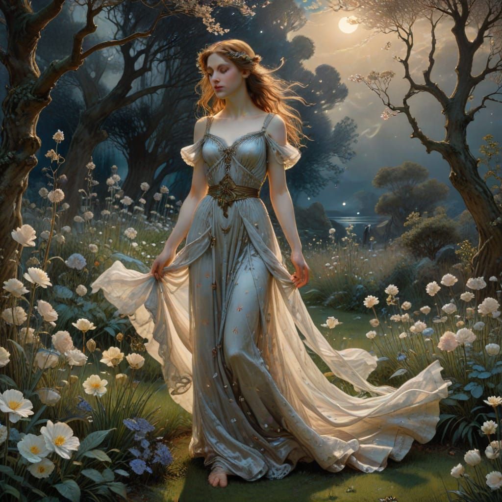 Classical Goddess in Lush, Moonlit Garden