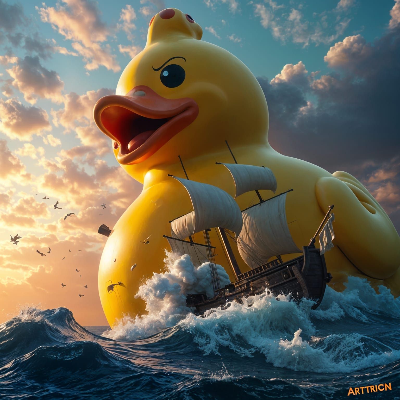 Giant Rubber Duck Conquers Pirate Ship in Vibrant Fantasy Ar...