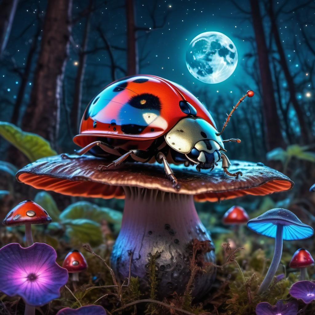 Bioluminescent Steampunk Ladybug in Mushroom Forest