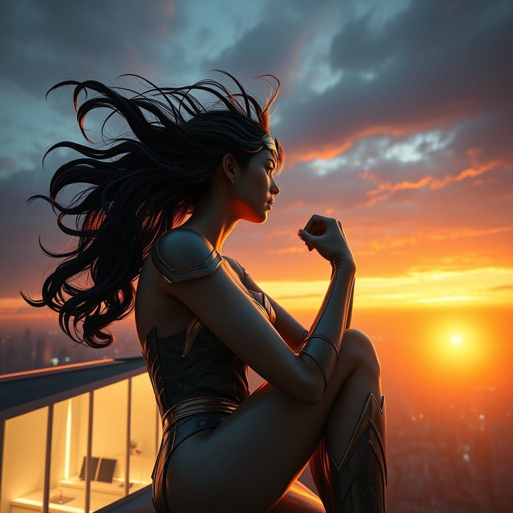 Surreal Korean Wonder Woman Seated in Futuristic City Twilig...