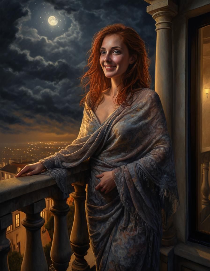 Auburn Woman on Balcony at Misty Night
