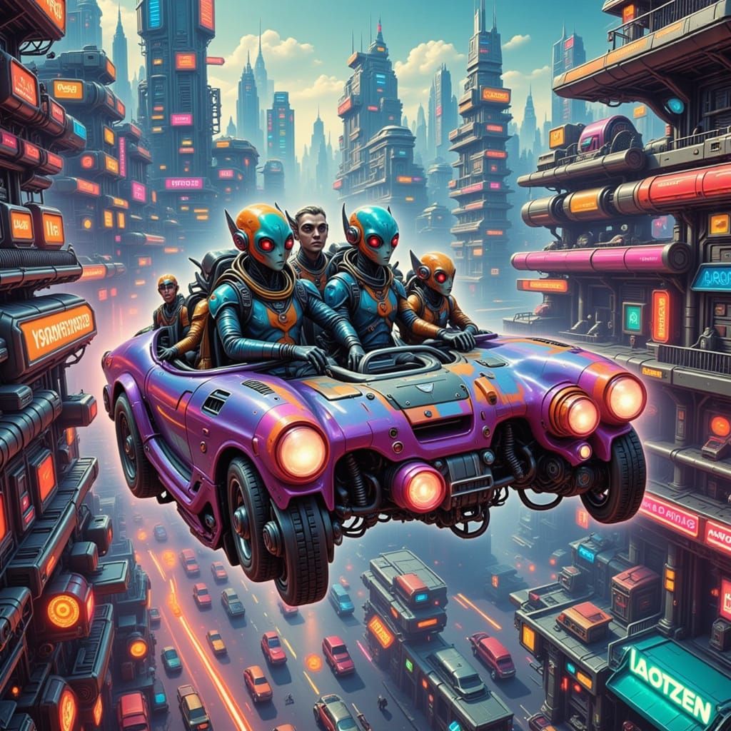 Alien Tourists Soaring Through Neon Cityscape