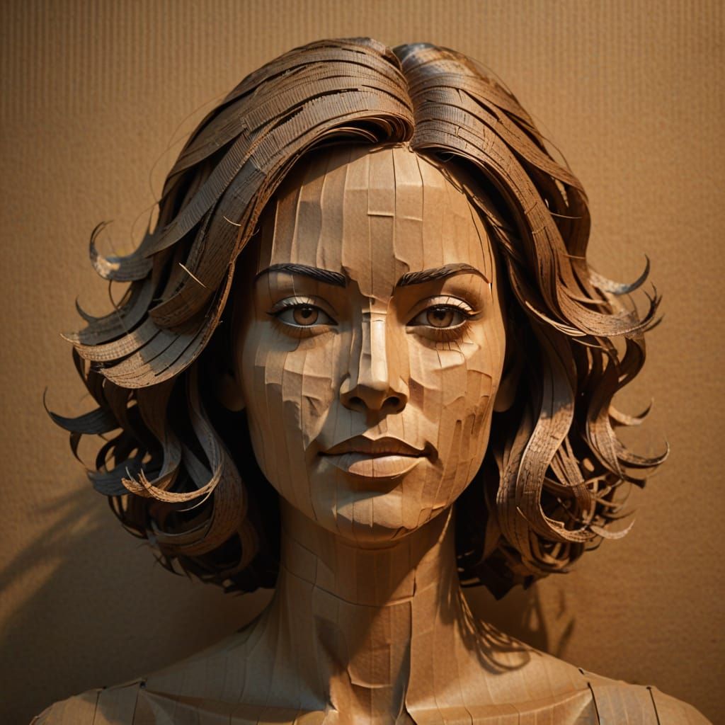 Corrugated Paper Sculpture of Woman's Head with Dynamic Ligh...