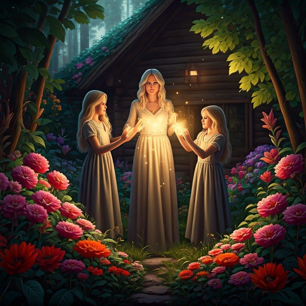 The witch twins stood by their blonde hair mom , mom was working on the garden by their cabin , she waved magic over th...